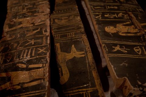 Kunstenaars in het oude Egypte beeldden een oplettende jakhals uit op een pas ontdekte houten sarcofaag van 3500 jaar oud