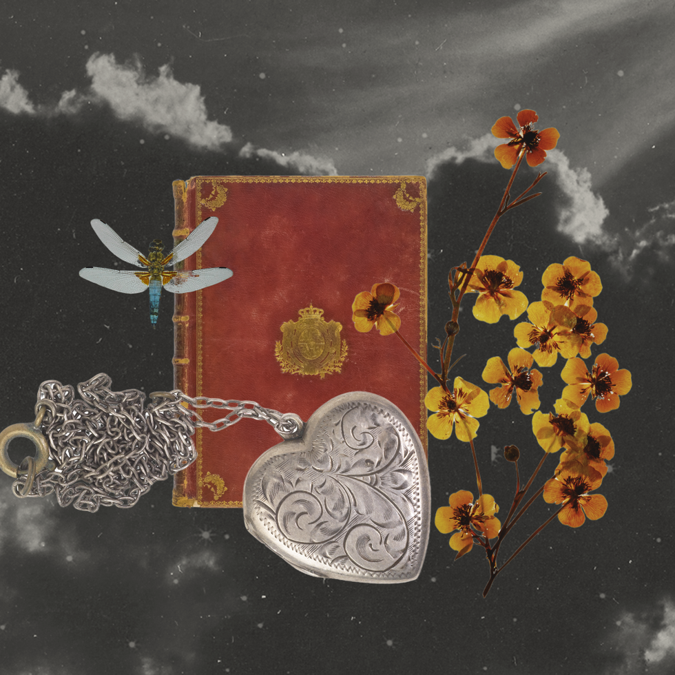 a collage of a leather journal, a locket, flowers, and a dragonfly