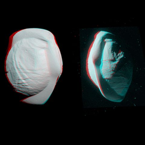 Deze stereoopnamen werden in maart 2017 door Cassini gemaakt en tonen de merkwaardige vorm van de kleine Saturnusmaan Pan