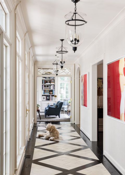 long hallways with two different types of flooring and a dog