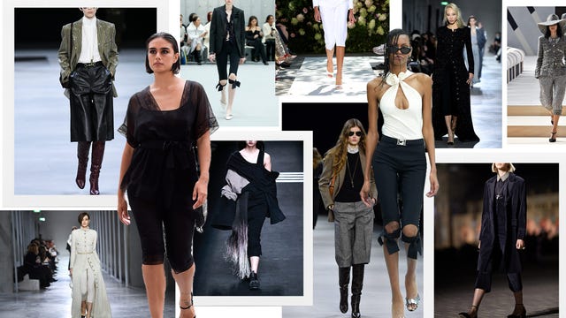 a collage of models wearing capri pants on the runway