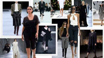 a collage of models wearing capri pants on the runway