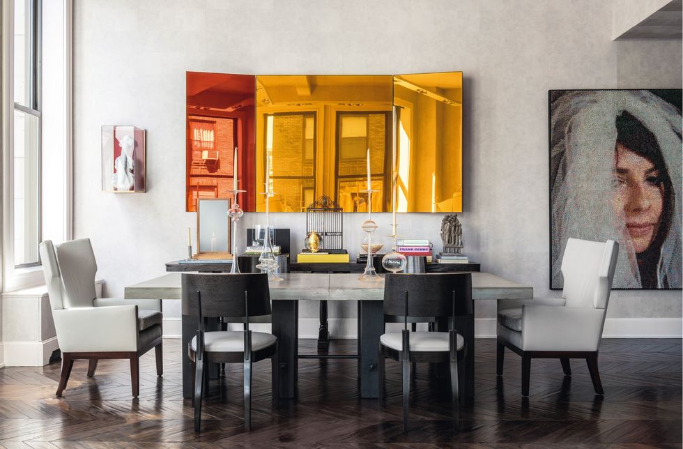 Room, Interior design, Furniture, Yellow, Property, Orange, Dining room, Table, Building, House, 