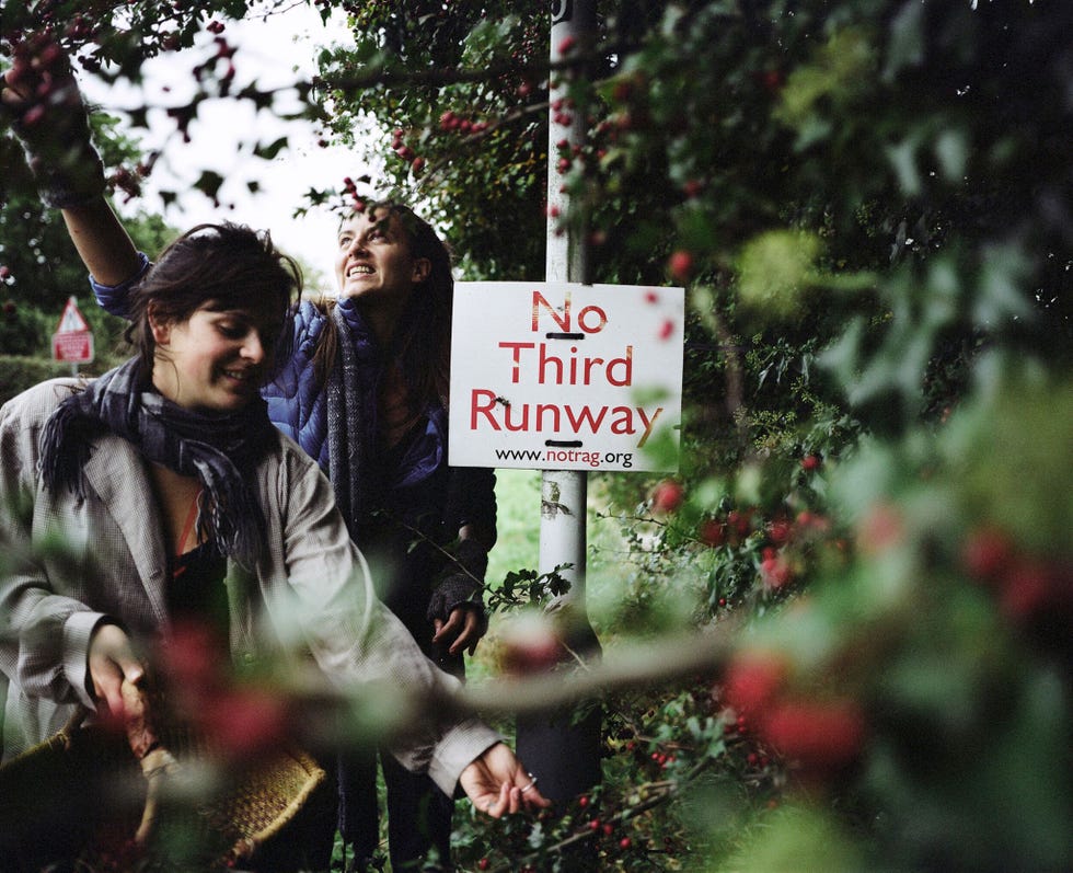 Bij een protestbord tegen de uitbreiding van de luchthaven even buiten Grow Heathrow plukken bewoners meidoornbessen Dorpen rond de luchthaven waaronder Harlington Harmondsworth en Sipson moeten allemaal verdwijnen vanwege de aanleg van een derde startbaan In het gebied zijn veel van dit soort protestborden te zien