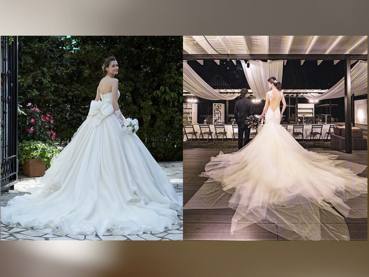 ウエディングドレス  ホワイト  トレーン  ベアトップ  大きなリボン 花嫁