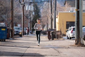 Jogging, Running, Recreation, Snapshot, Pedestrian, Tights, Urban area, Athlete, Street, Street fashion, 