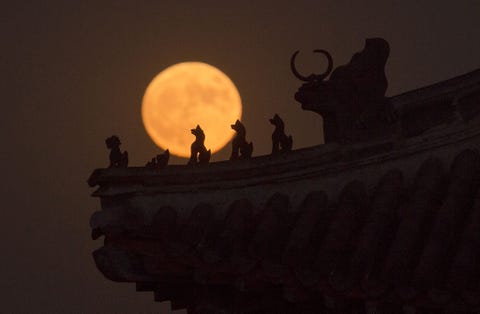 Small sculptures on a tower in Chinas Forbidden City stand silhouetted against the November 2016 supermoon