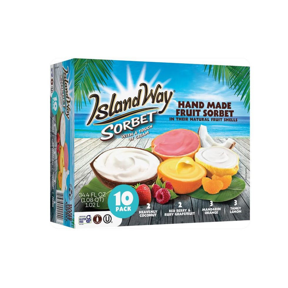 container of island way sorbet featuring various flavors in fruit shells