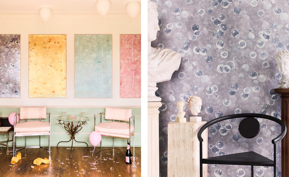 Interior space featuring modern decor and colorful wall art.