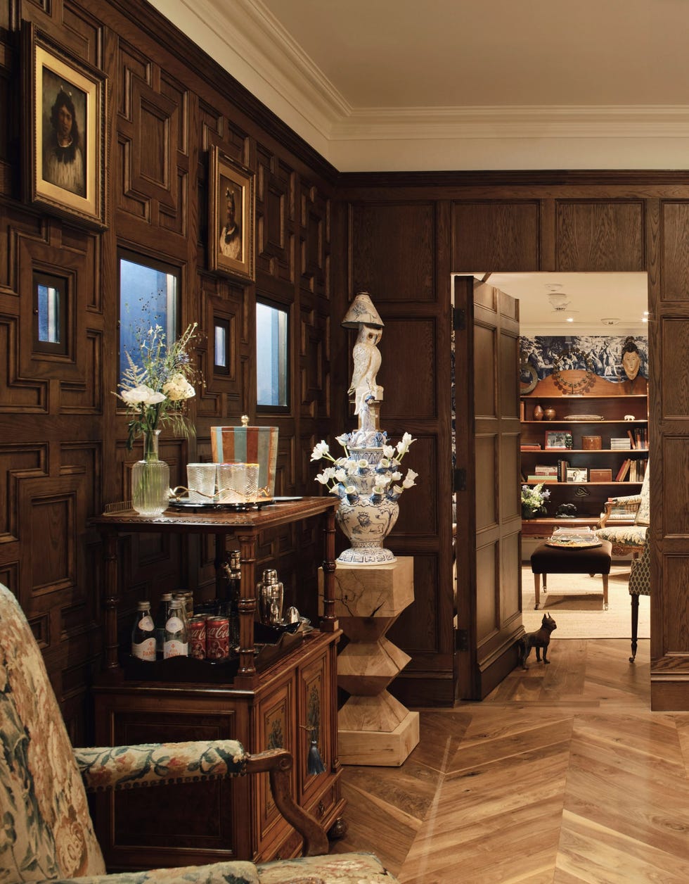 Elegant interior featuring a wooden paneled room with decorative elements.