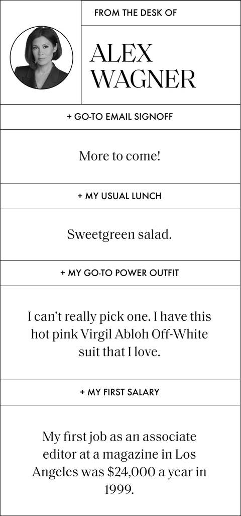 a q and a with alex wagner that reads
go to email sign off
more to come
my usual lunch
sweetgreen salad
my go to power outfit
i can’t really pick one i have this hot pink virgil abloh off white suit that i love
my first salary
my first job as an associate editor at a magazine in los angeles was 24,000 dollars a year in 1999 a q and a with alex wagner that reads
go to email sign off
more to come
my usual lunch
sweetgreen salad
my go to power outfit
i can’t really pick one i have this hot pink virgil abloh off white suit that i love
my first salary
my first job as an associate editor at a magazine in los angeles was 24,000 dollars a year in 1999
