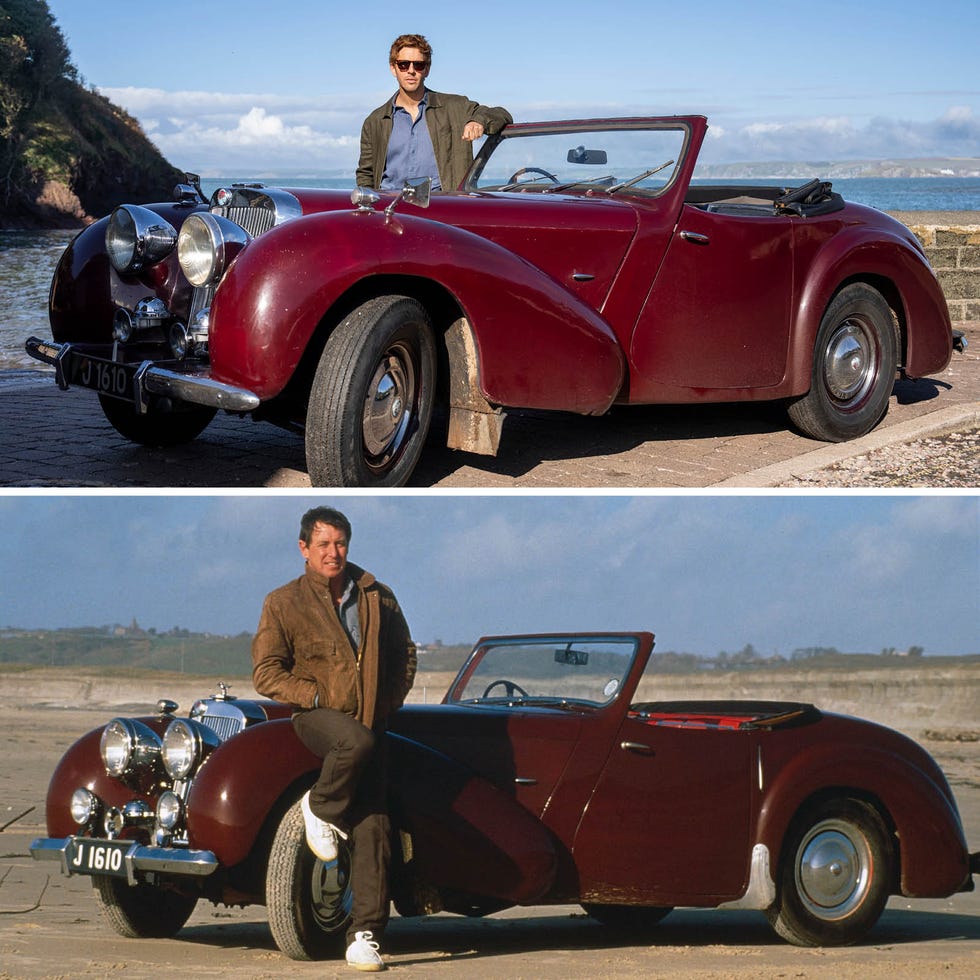 a vintage maroon convertible parked in two different locations