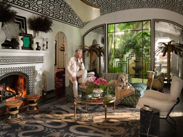 martyn lawrence bullard living room with snake printed rug, rich patterns, upholstered sofas, and his dog