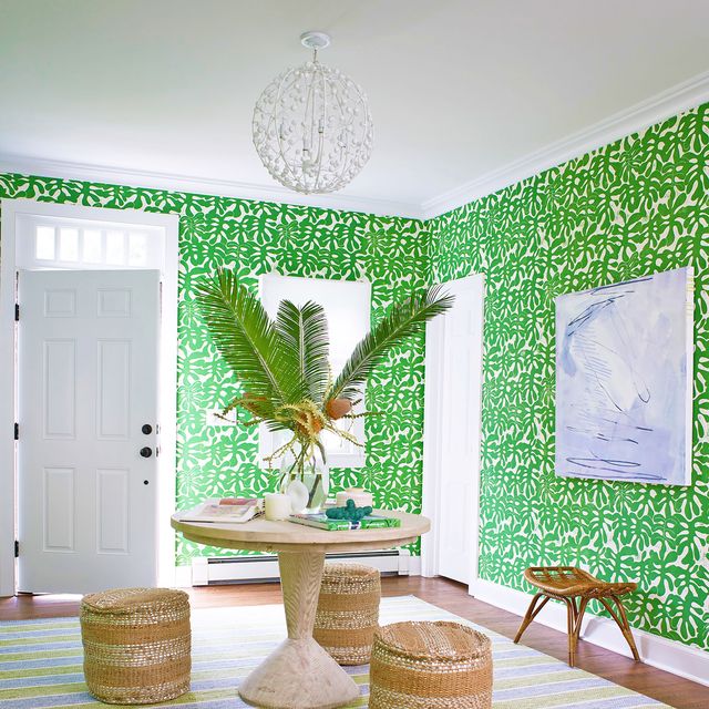 Green, Room, Interior design, Wall, Table, Furniture, Leaf, House, Wallpaper, Tree, 
