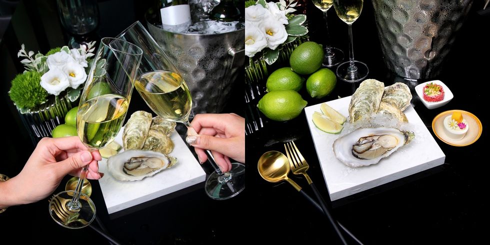 Oyster, Food, Brunch, Bivalve, Table, Dish, Champagne, Meal, Drink, Champagne stemware, 