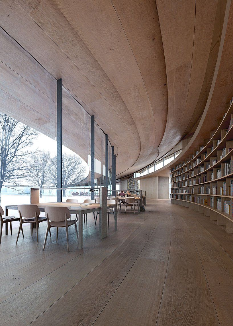 這一次把地點移動到遠端的北歐國度——挪威，隈研吾攜手mad arkitekter與buro happold，策劃了位在挪威希恩市的「易卜生圖書館」（the ibsen library），用大量的木頭打造弧型迴廊，將成為當地最美文化中心。