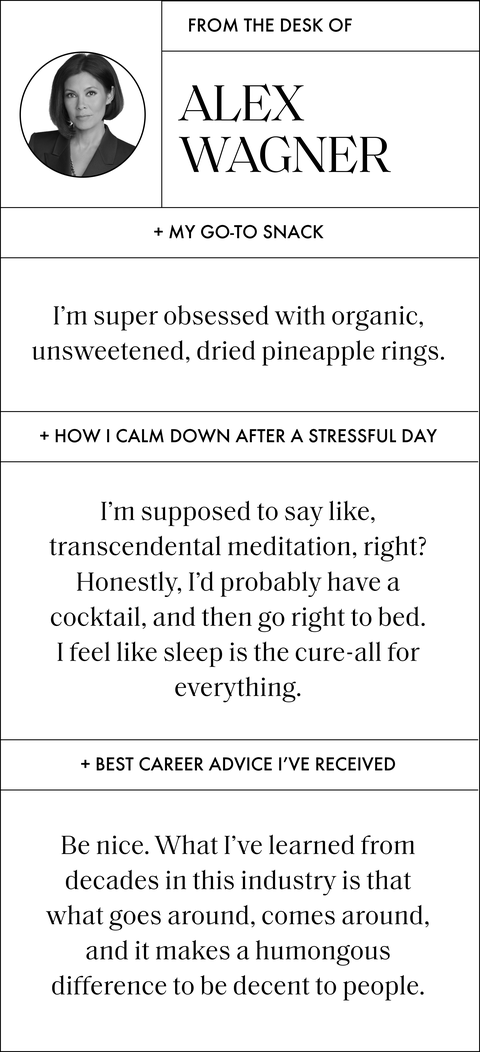 a q and a with alex wagner that reads

my go to snack
i’m super obsessed with organic, unsweetened, dried pineapple rings

how i calm down after a stressful day
i’m supposed to say like, transcendental meditation, right honestly, i’d probably have a cocktail, and then go right to bed i feel like sleep is the cure all for everything

best career advice
be nice what i’ve learned from decades in this industry is that what goes around, comes around, and it makes a humongous difference to be decent to people