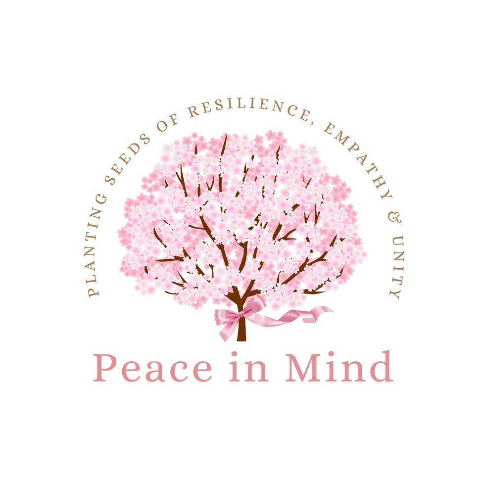 peace in mind pink logo features tree with words around edge