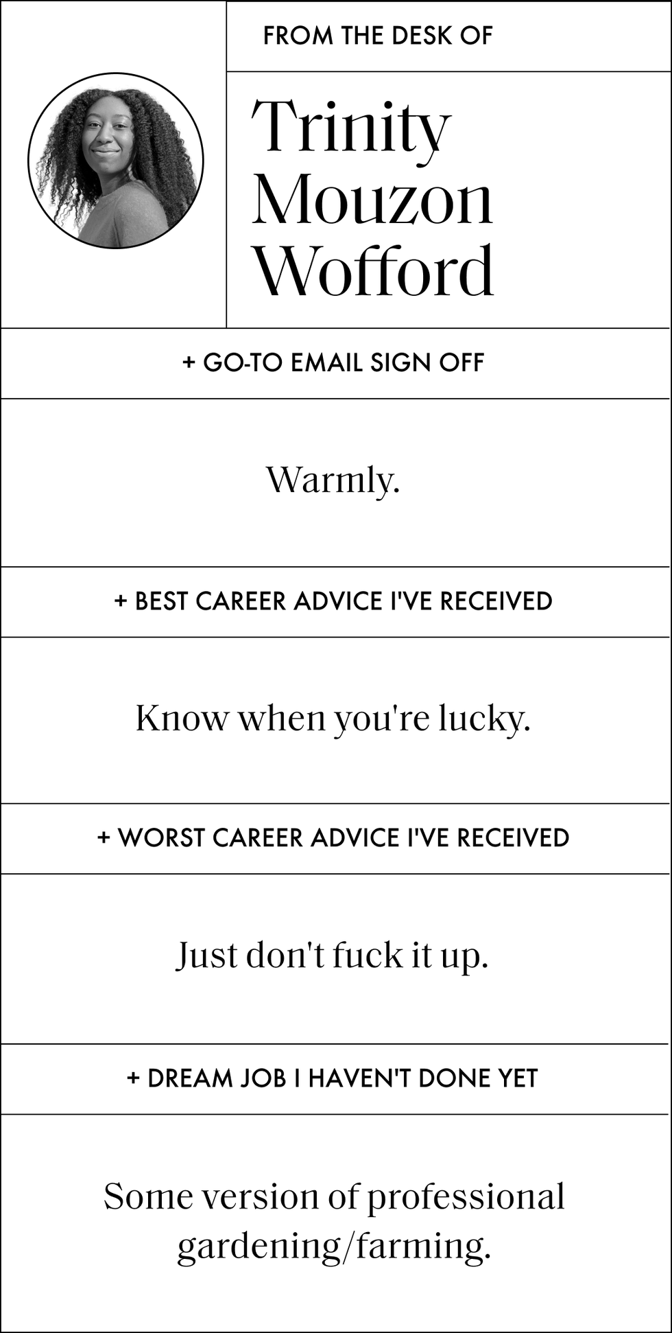 a graphic that says from the desk of trinity mouzon wofford and then has questions and answers that read

go to email sign off
warmly

best career advice i've received 
know when you're lucky

worst career advice i've received 
just don't fuck it up

dream job i haven't done yet
some version of professional gardening or farming