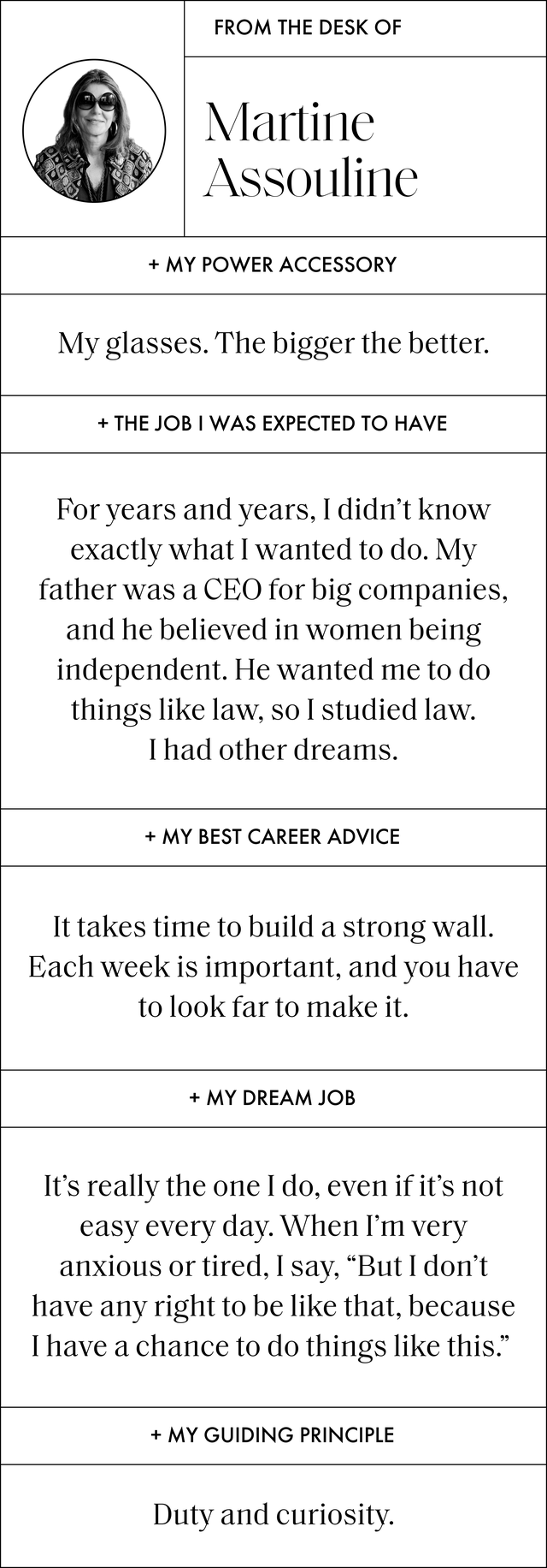 a q and a with martine assouline my power accessory my glasses the bigger the better the job i was expected to have for years and years i didnt know exactly what i wanted to do my father was a ceo for big companies, and he believed in women being independent he wanted me to do things like law, so i studied law i had other dreams my best career advice it takes time to build a strong wall each week is important and you have to look far to make it my dream job it's really the one i do, even if it's not easy every day when i'm very anxious or tired, i say, but i don't have any right to be like that, because i have a chance to do things like this my guiding principle duty and curiosity