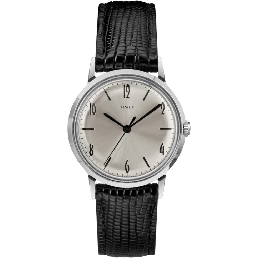 analog wristwatch with black leather strap and silver dial