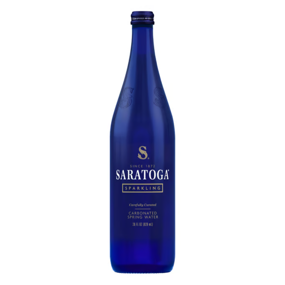 blue bottle of saratoga sparkling water
