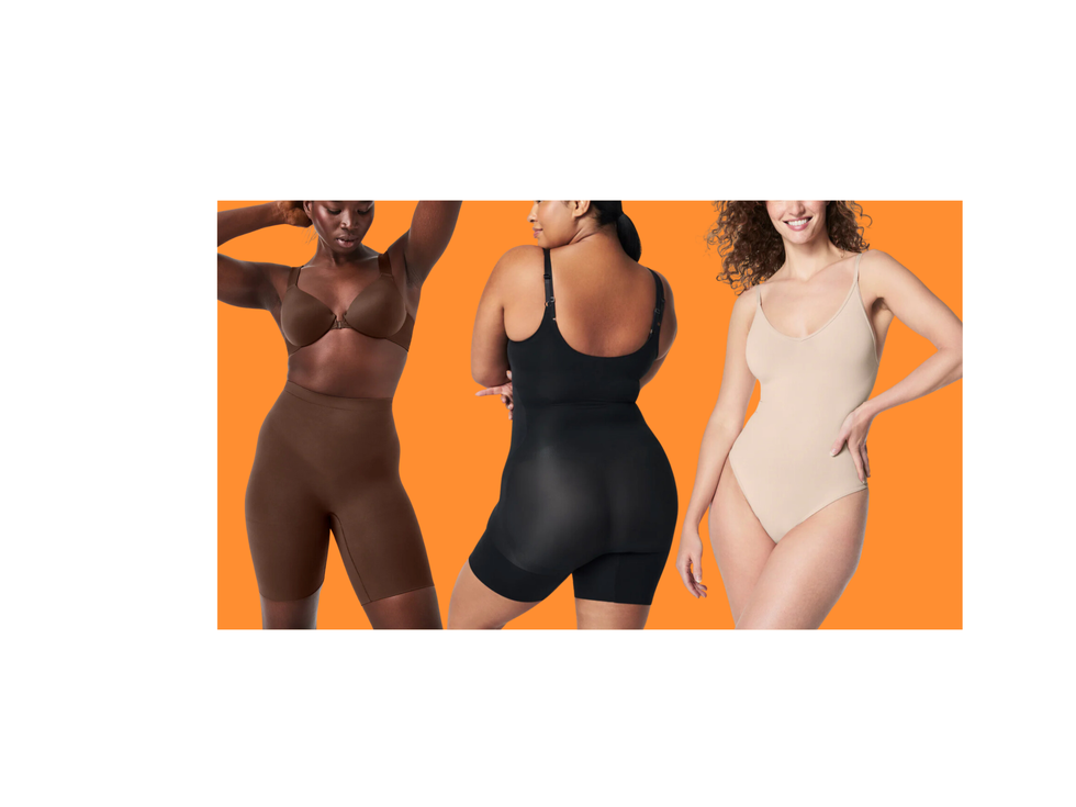 display of three different shapewear garments in various colors from spanx
