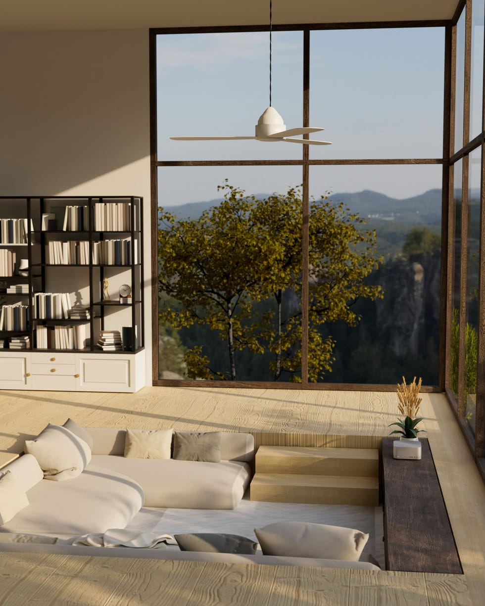 modern contemporary sunken living room interior design with comfortable couch, ceiling fan, amazing large window with mountain view, bookshelves, and hardwood floor 3d render, 3d illustration
