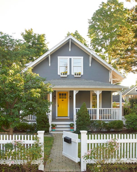 grey house yellow door