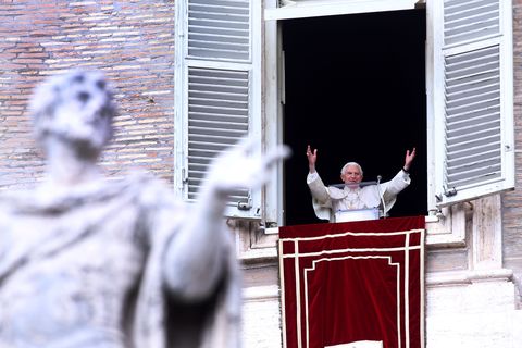 Pope Benedict XVI delivers his last Angelus Blessing from the window of his private apartment to thousands of pilgrims gathered in Saint Peter's Square on February 24, 2013, in Vatican City, Vatican.