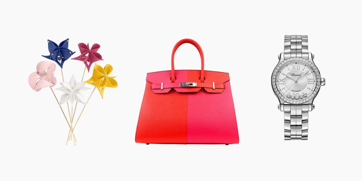 origami flowers, a birkin bag, and a chopard watch