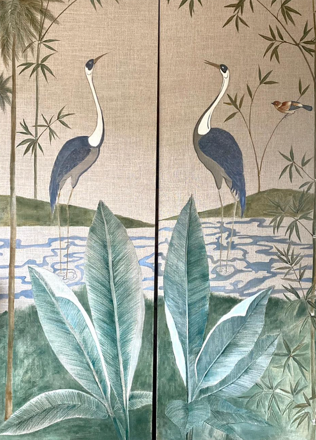 biombo pintado a mano con flamencos