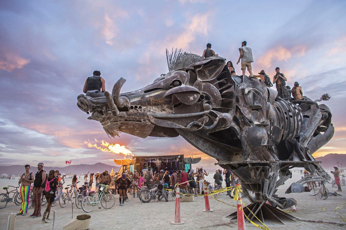 BLACK ROCK CITY NEVADA VS  Een zes meter lang wild zwijn van staal genaamd Lord Snort dient als klimrek voor uitgelaten Burners tijdens het jaarlijkse Burning Manfestival