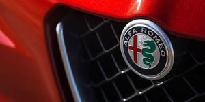 Vehicle, Car, Red, Alfa romeo, Automotive design, Logo, Family car, Trademark, Emblem, 