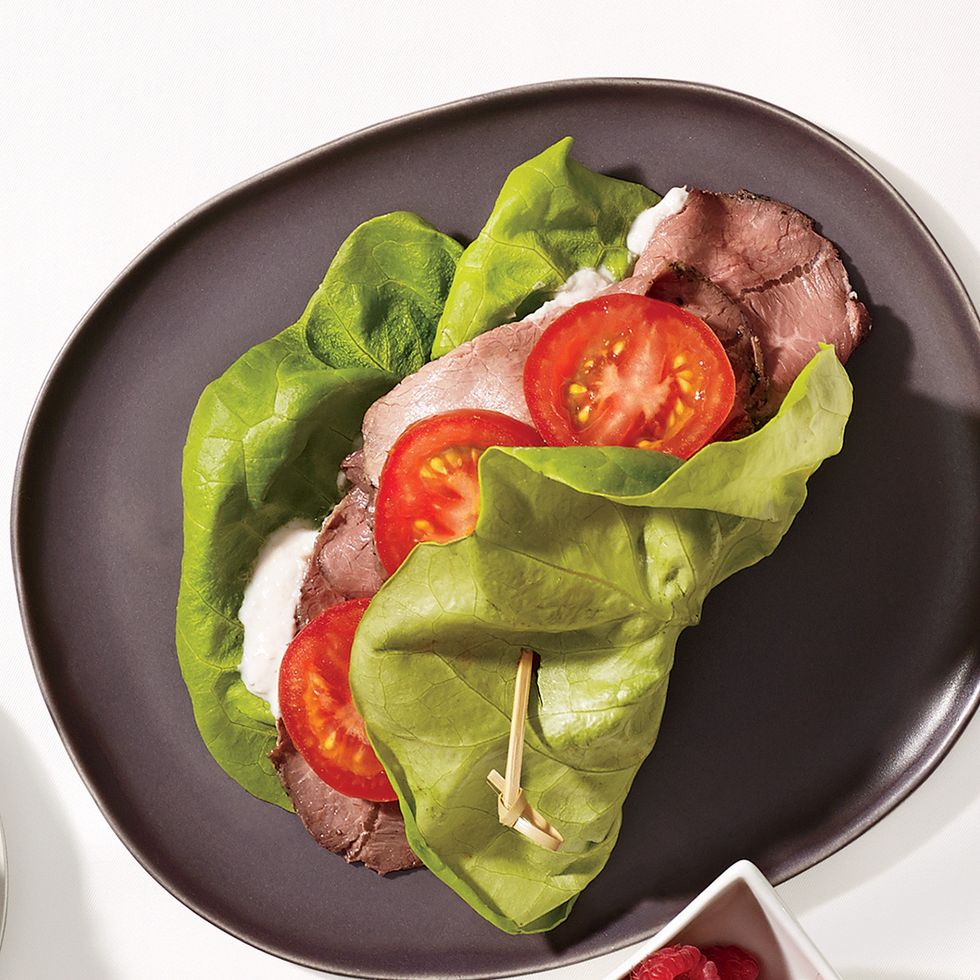 roast beef, tomato, and lettuce wrap