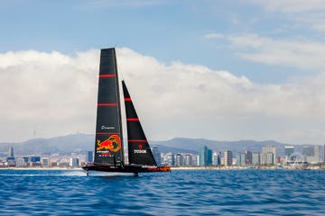 alinghi red bull racing of switzerland with arnaud psarofaghis and nicolas charbonnier behind the helm perform during the practice in barcelona, on april 25, 2023 samo vidic alinghi red bull racing si202305080616 usage for editorial use only