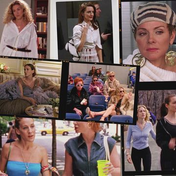 collage of sex and the city fashion looks from throughout the seasons