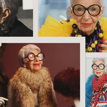 a collage of images of an older white woman wearing oversized glasses and colorful clothing