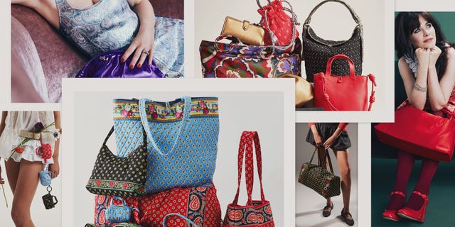 a collage of various colorful handbags and accessories