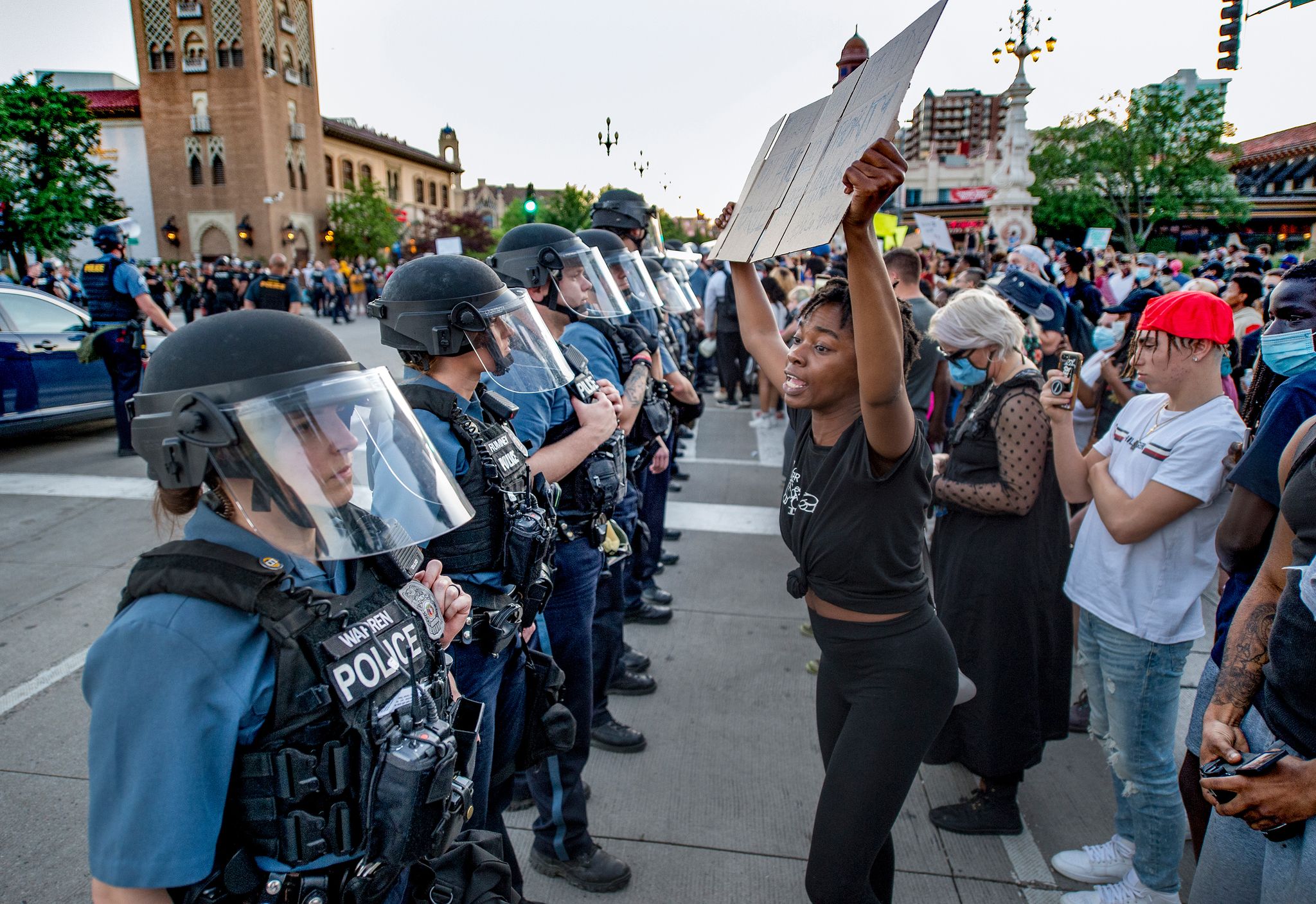 people protesting police brutality and the death of george floyd  standoff with police as they gathered friday, may 29, 2020, at the country club plaza in kansas city  protests have been erupting all over the country after george floyd died earlier this week in police custody in minneapolis