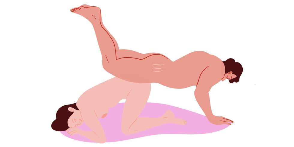 one partner gets on their hands and knees the other stands over them in a downward dog with their head at the opposite end from their partners as they slide inside they lift their legs into the air so that they're supported on their hands and their hips are against their partners butt