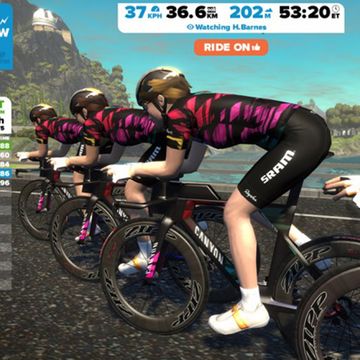 Canyon-SRAM women’s pro cycling team riding in Zwift virtual training environment