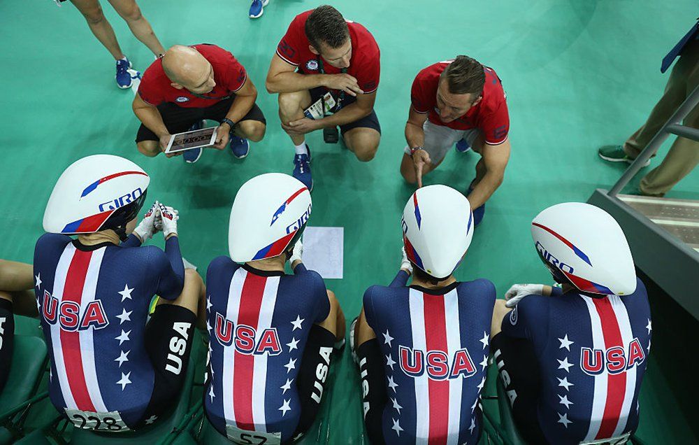 Team United States prepares to compete in the women's team pursuit on Day 8 of the Rio 2016 Olympic Games in Rio de Janeiro, Brazil.