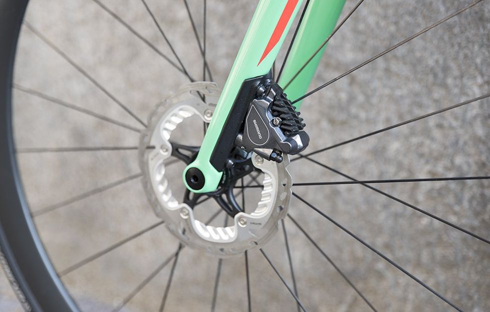 BMC's sleek front adapter has caliper-mounting positions for both 140mm and 160mm rotors