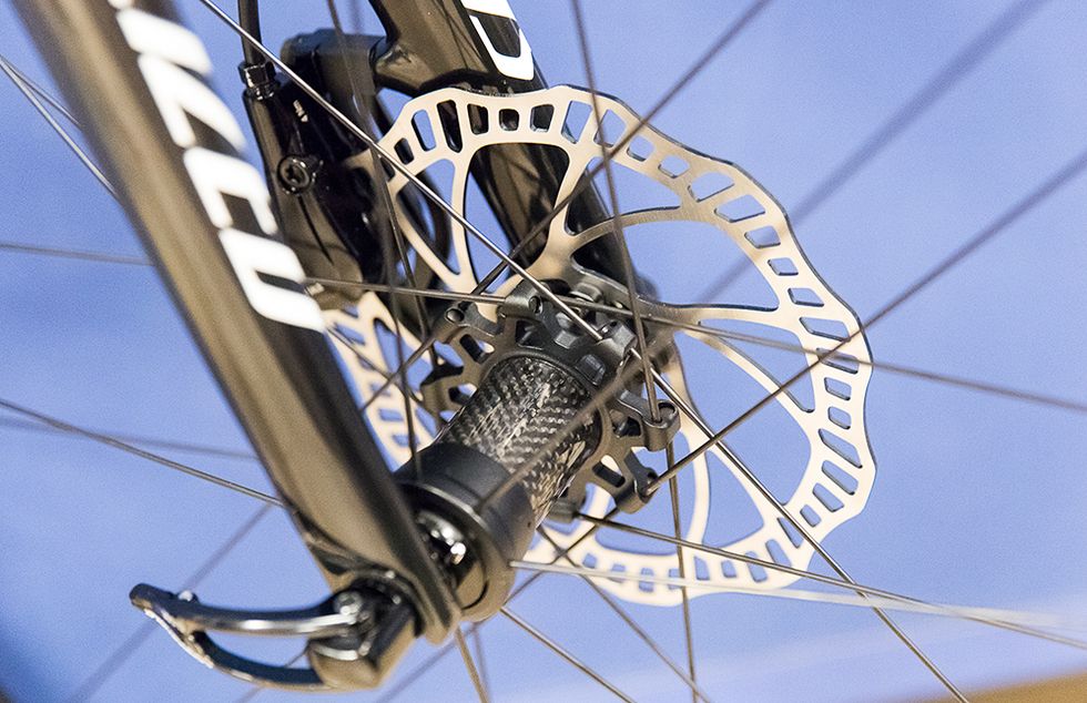 Campy's disc wheelset has a carbon front hub shell. 
