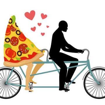 graphic of cyclist on tandem bike with slice of pizza