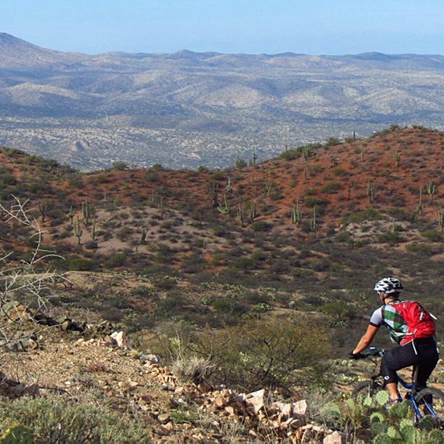 Mountain bike rider climbing through some beautiful desert scenery 