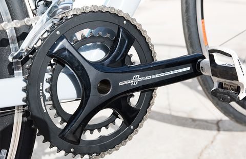 Potenza's cranks have hollow forged aluminum arms, and an updated version of Campangolo's PowerTorque system