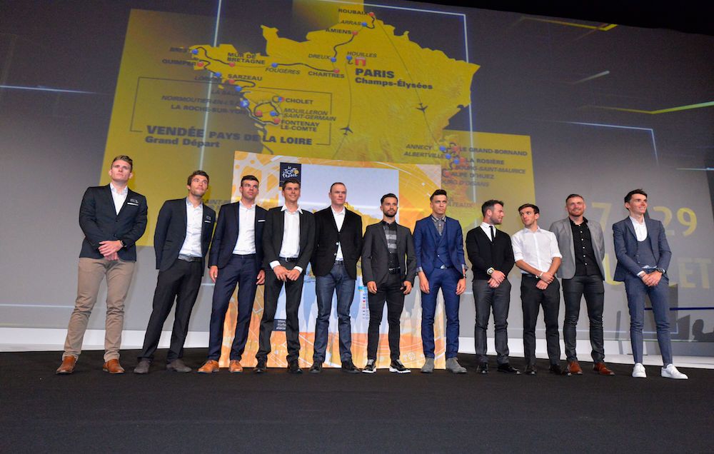 Chris Froome and Tom Dumoulin at the 2018 Tour de France Route Announcement