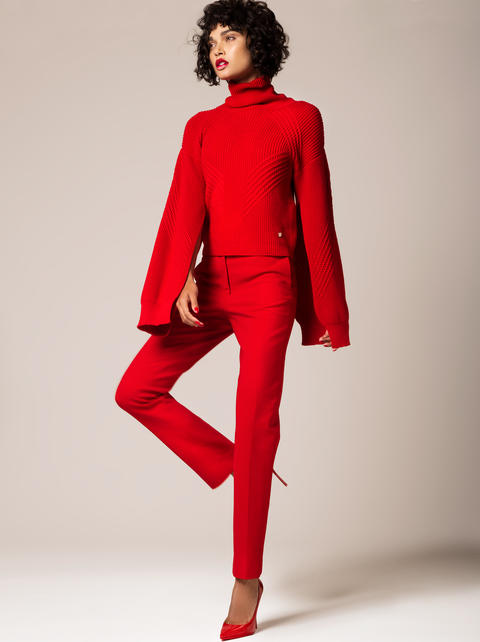 Fashion model, Clothing, Shoulder, Red, Neck, Waist, Outerwear, Sleeve, Fashion, Standing, 